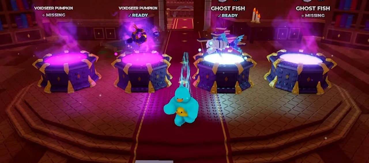 Four altar pedestals labeled Ghost Fish and Voidseer Pumpkin, with Ready and Missing states.