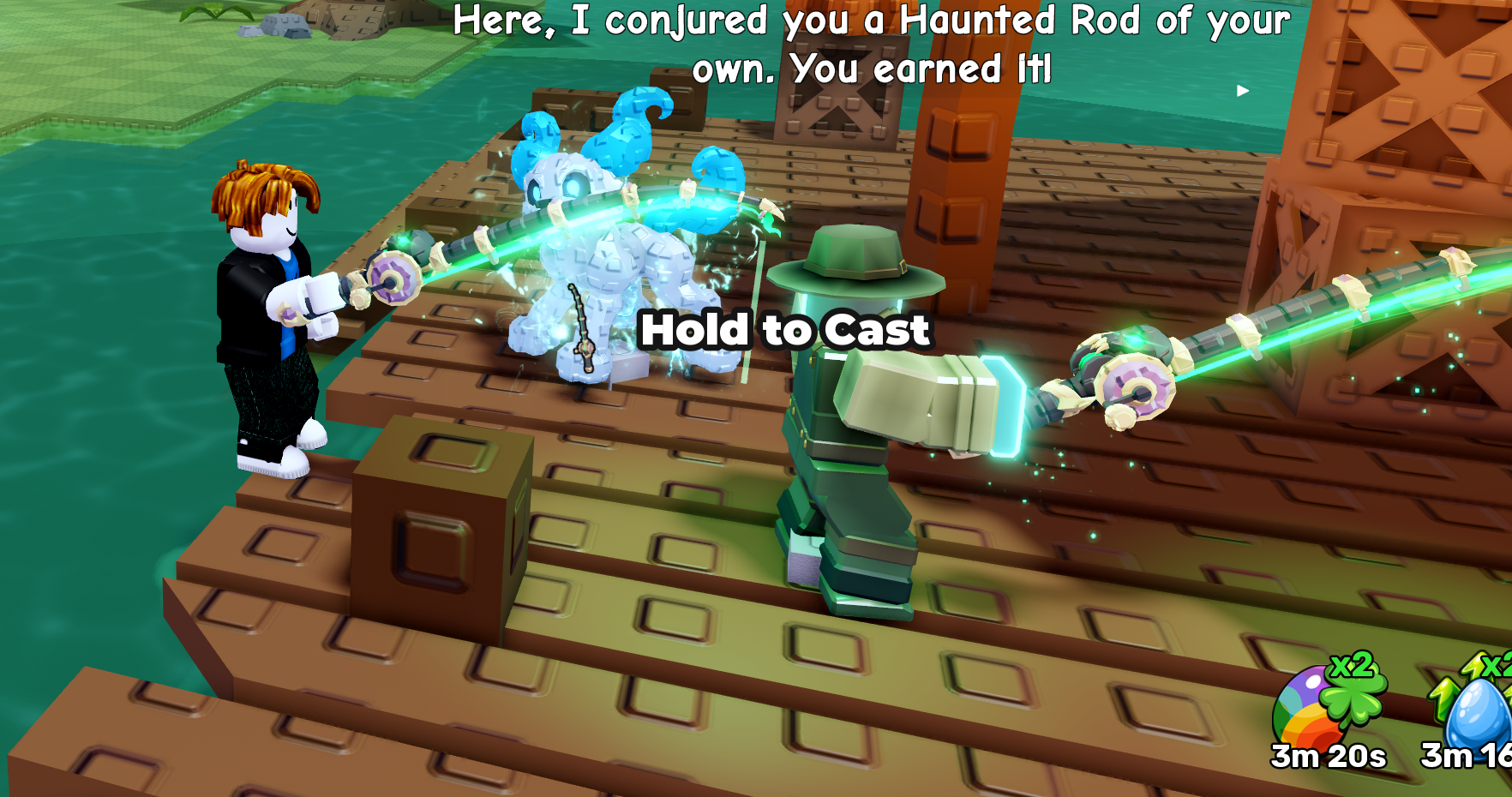 Ghost Fisherman dialogue awarding a Haunted Rod above avatars on a wooden pier, with a Hold to Cast prompt