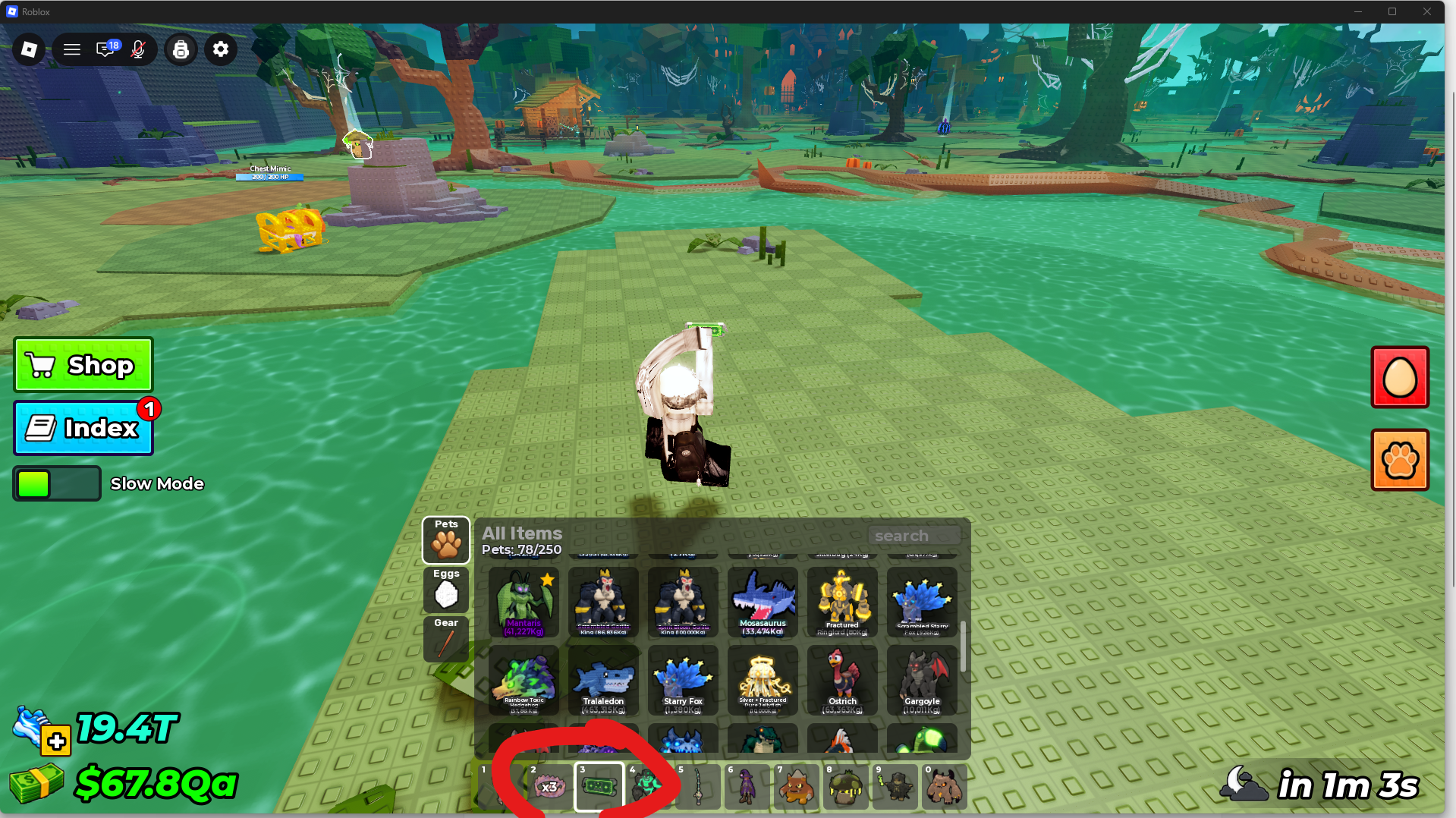 Avatar beside green water with an open pet inventory and circled hotbar items