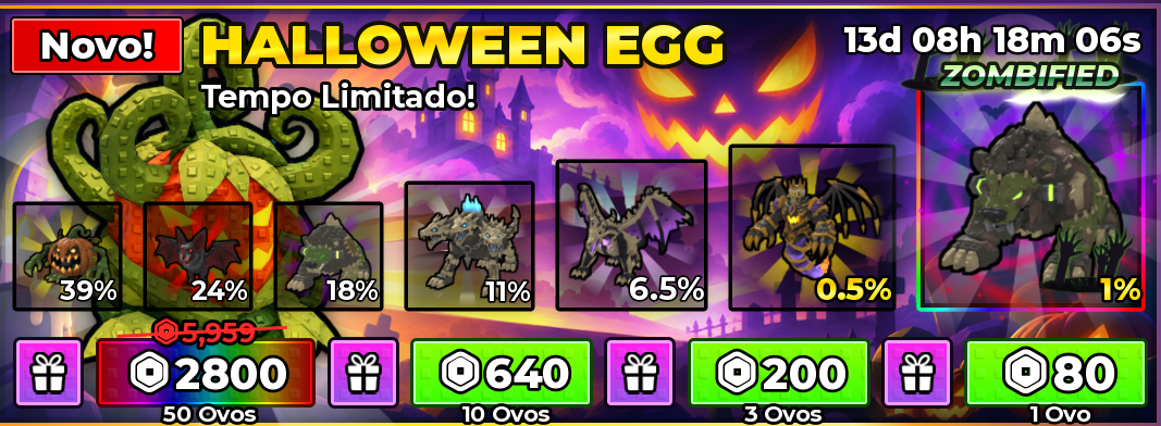Halloween-Egg-Kaufpanel mit sechs Pet-Chancen, Zombified bei 1 % und den Robux-Eierpaketen.