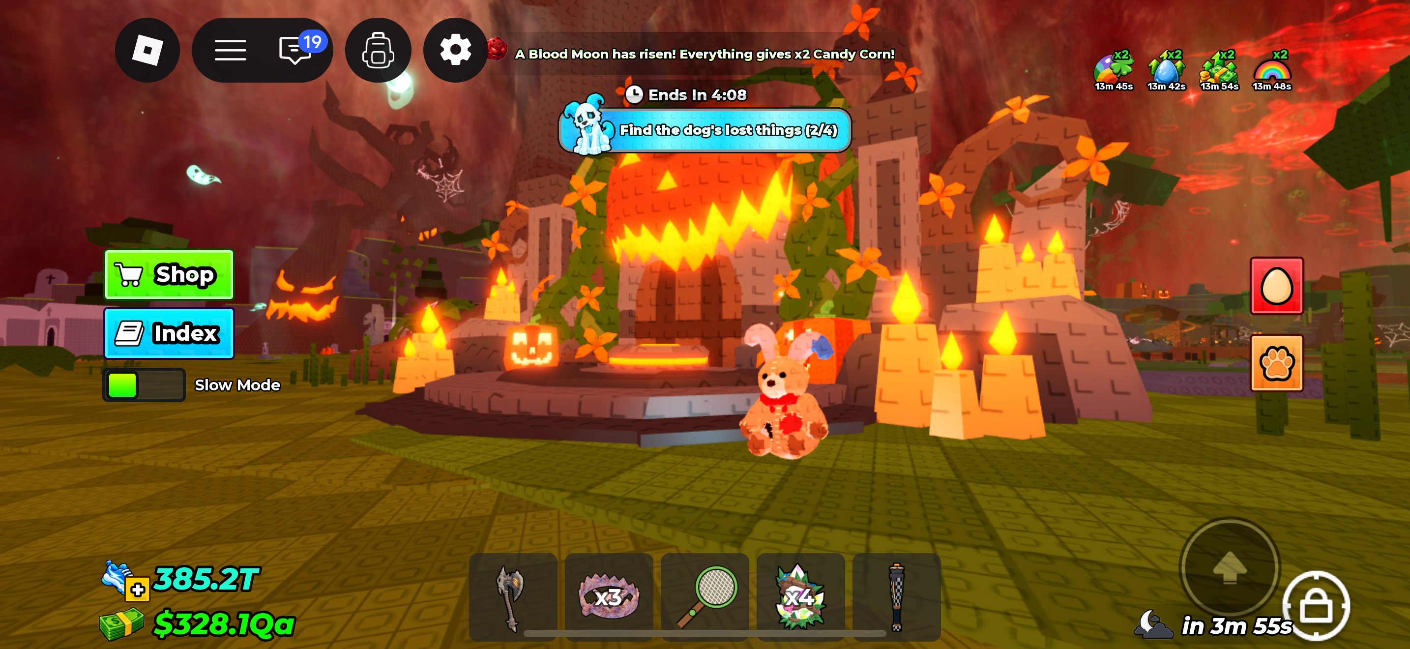 Steal An Egg Blood Moon event screenshot showing x2 Candy Corn Steal An Egg Halloween Dimension gameplay screenshot showing the Blood Moon notice and a two-times Candy Corn bonus