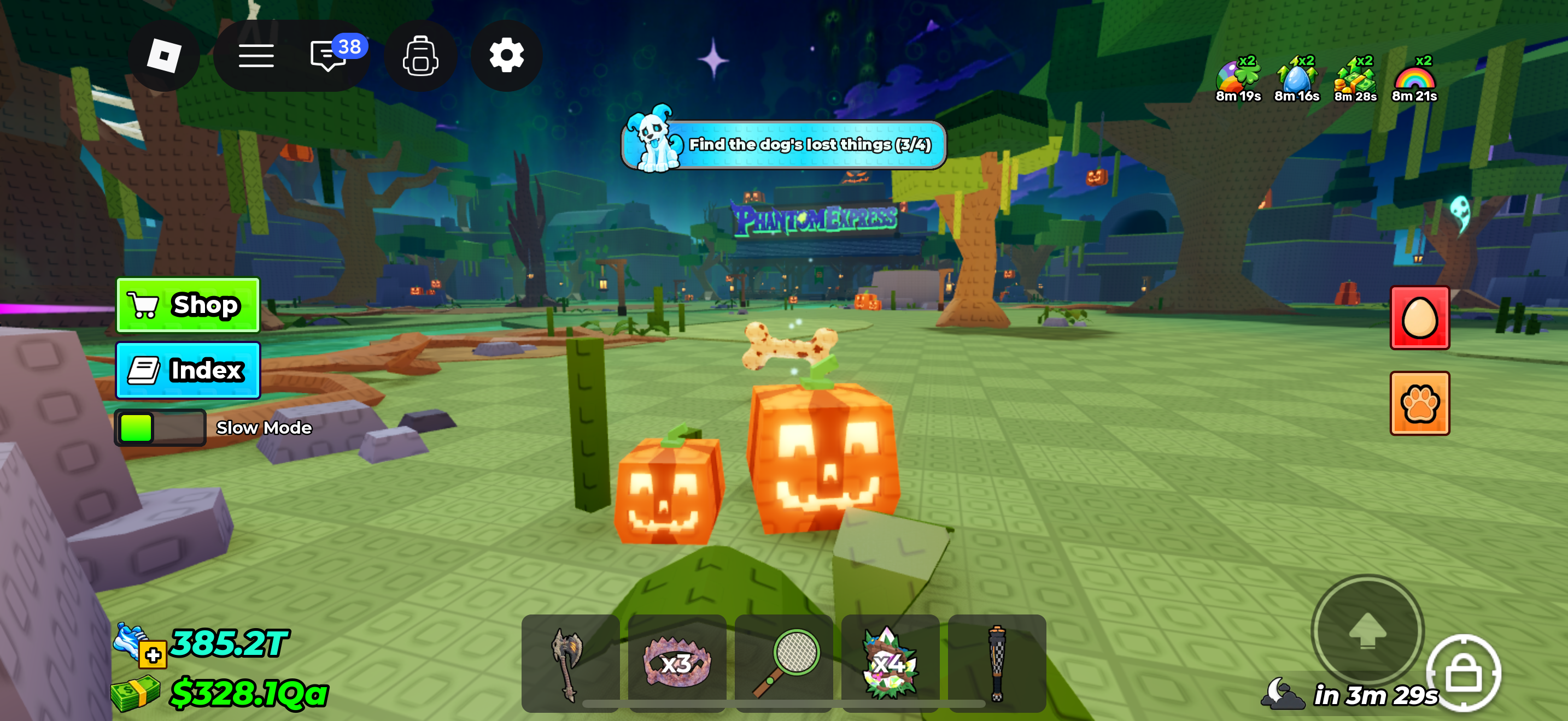 Dog bone floating over two glowing pumpkins in front of the Phantom Express station.