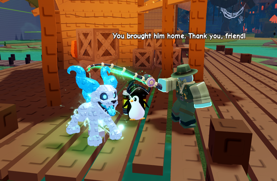 Blue ghost dog Echo beside his owner and a player on a wooden pier.