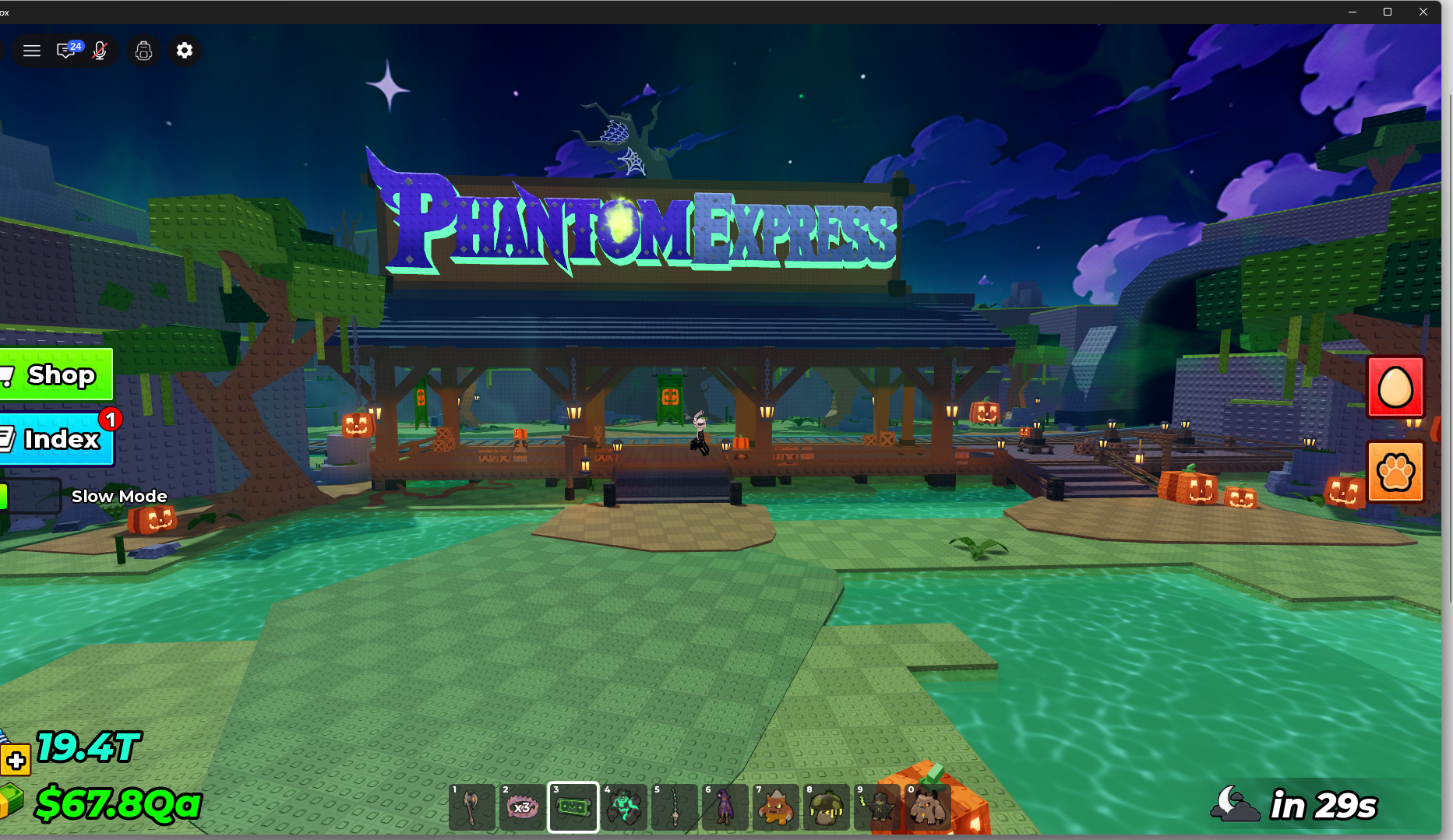 Phantom Express station sign above a wooden platform surrounded by water and pumpkins.