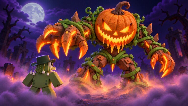 Arte promocional oficial de Halloween: uma criatura gigante de abóbora brilhante diante de um jogador de verde, sob a lua cheia