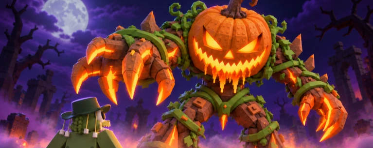 Discord event cover: a wider crop of the same giant pumpkin creature and player in the Halloween artwork