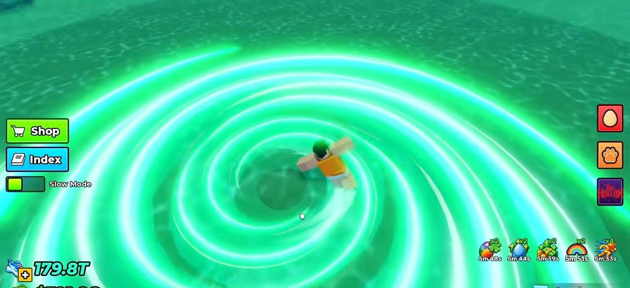 A player in a glowing green whirlpool on the water.