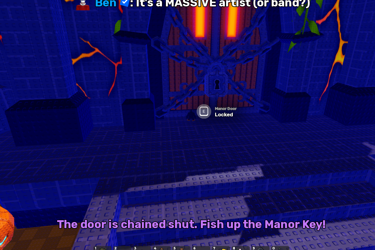 Chained Manor Door with the message asking the player to fish up Manor Key.