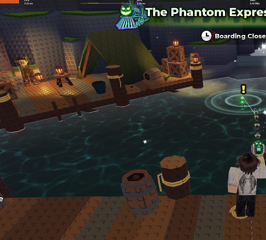 Wooden docks, lanterns and the Phantom Express boarding sign beside the water.