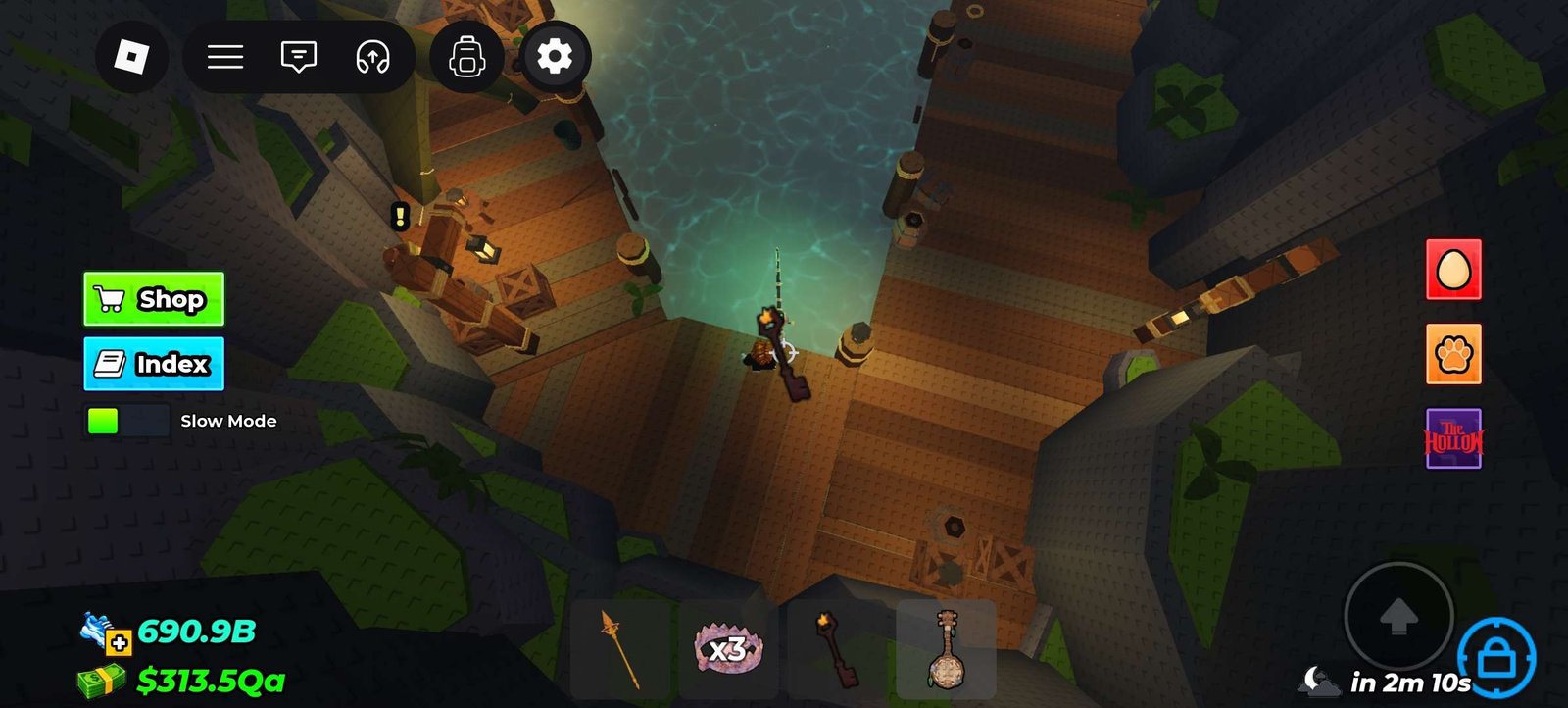Water and wooden platforms in the underground area, with a key equipped by the player.