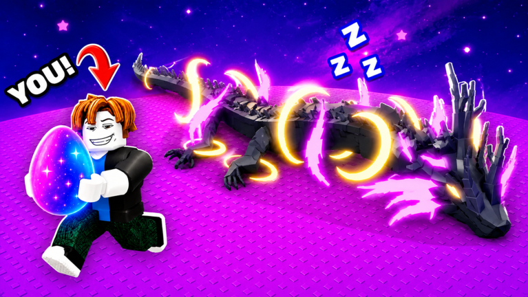Official Steal An Egg artwork: a player carrying a cosmic egg beside a sleeping crystal dragon
