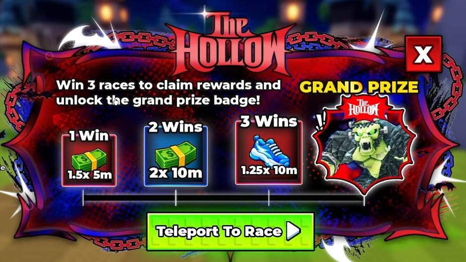 The Hollow rewards panel showing 1.5× Cash for 5 minutes, 2× Cash for 10 minutes, 1.25× Speed for 10 minutes, a Grand Prize Badge and Teleport To Race.
