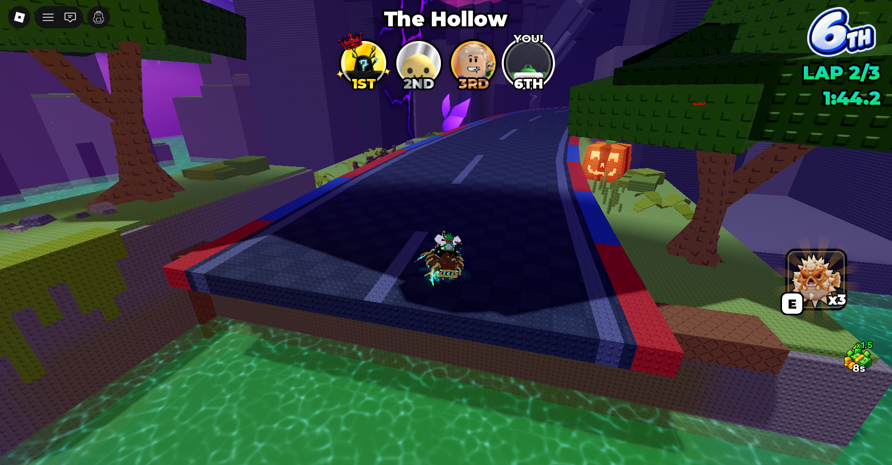 The Hollow race in Steal an Egg, showing sixth place, LAP 2/3, a timer, a pumpkin beside the track and an E item prompt.
