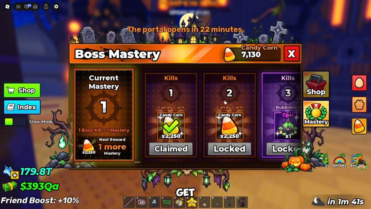 Boss Mastery panel showing tiers 1–3 and “1 Boss Kill = 1 Mastery”.