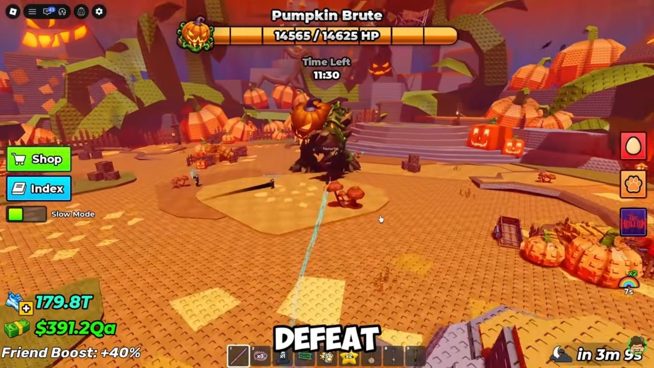 Pumpkin Brute in the boss arena, with a health bar and battle timer visible.