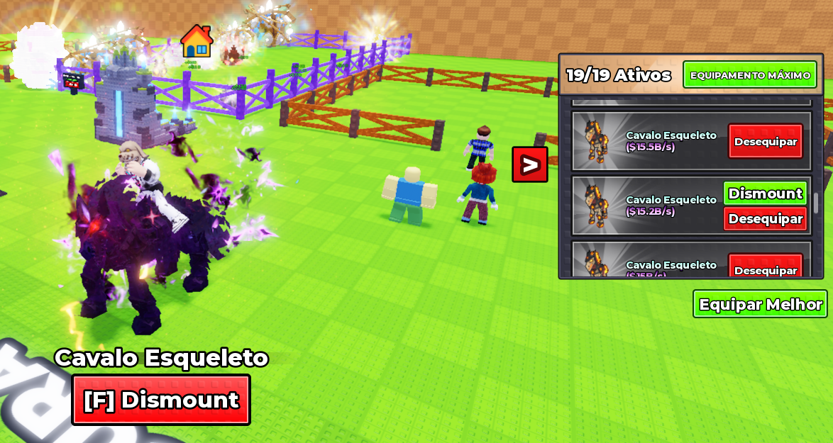 Player riding a pet with the equipped-pets menu and F Dismount prompt
