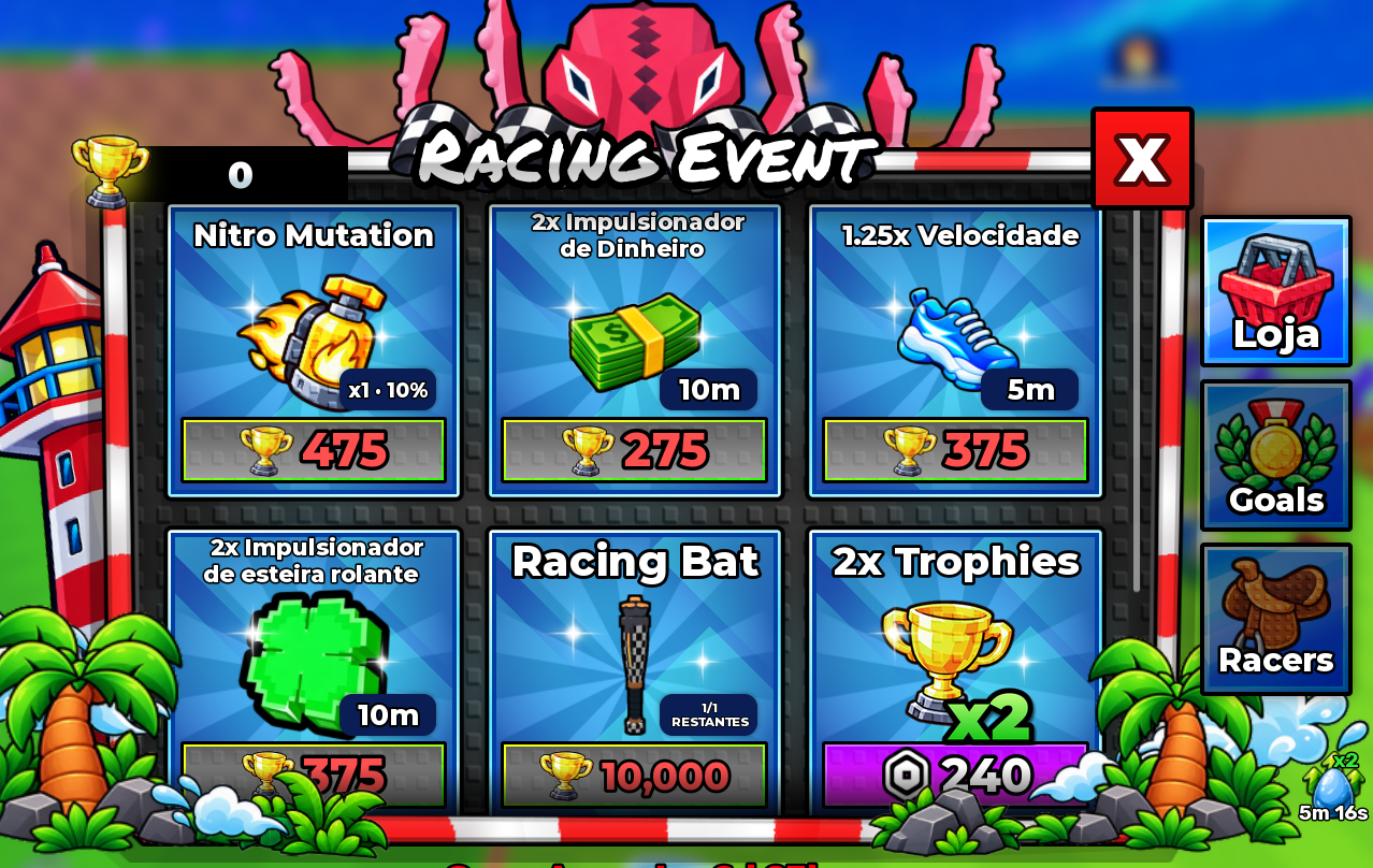 Loja da corrida com Nitro Mutation, boosters, Racing Bat e 2x Trophies