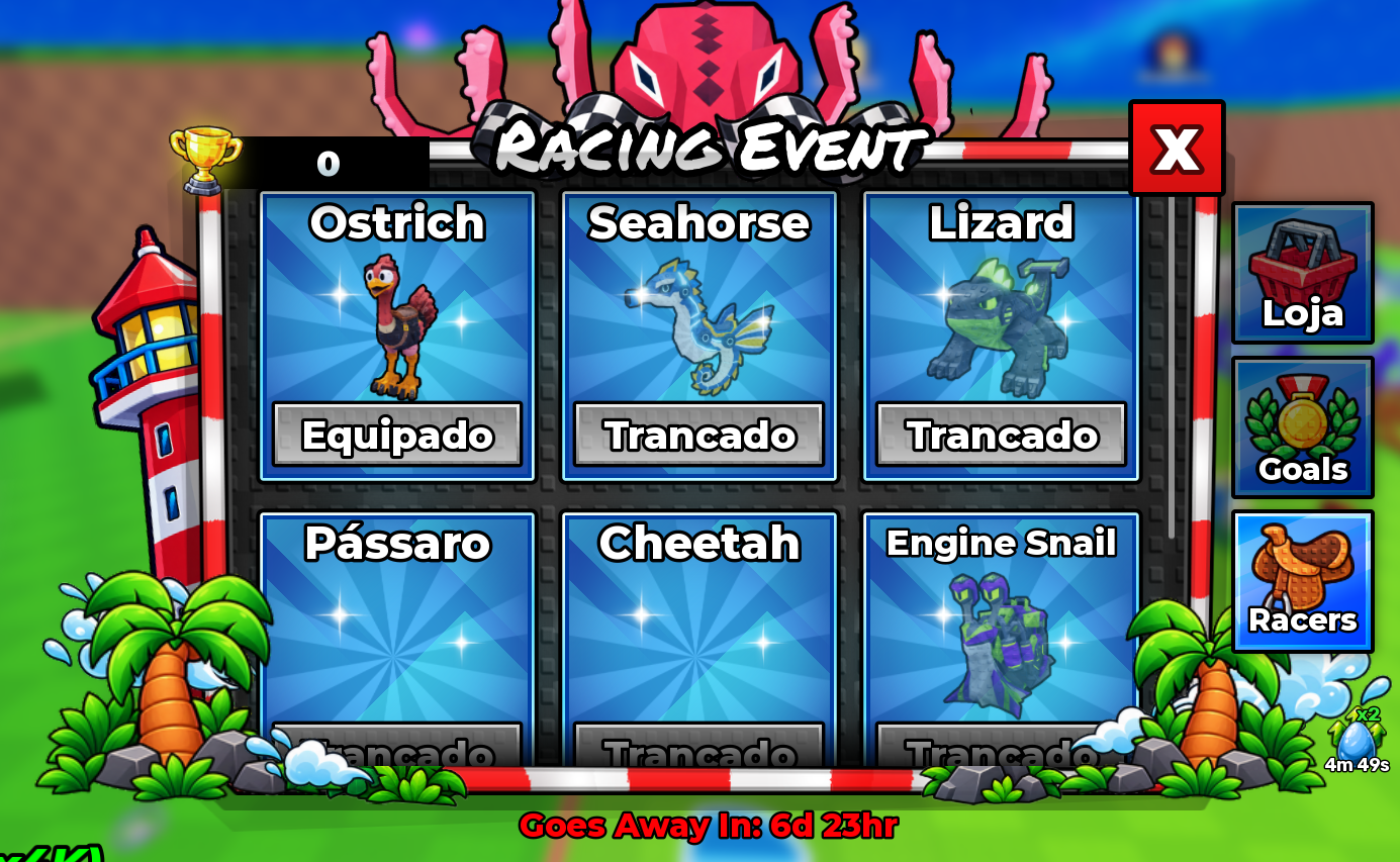 Menu Racers com Ostrich equipado e as outras opções bloqueadas