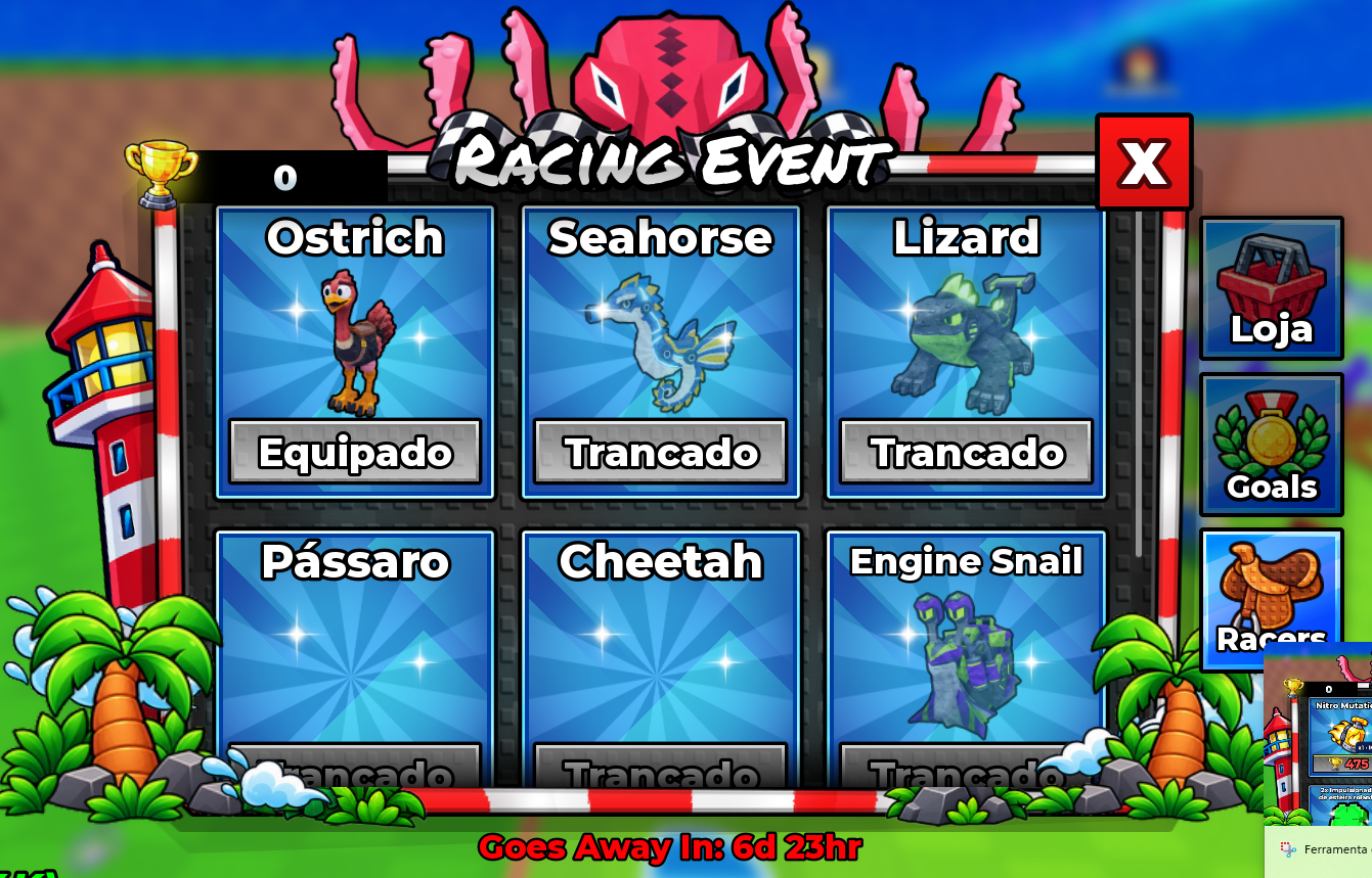 Menu Racers com seis opções de montaria e o contador do evento