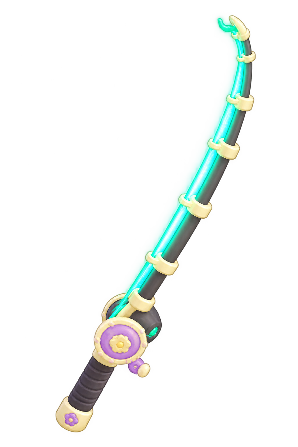 Haunted Rod illustration with a glowing turquoise shaft, gold bands and a purple reel