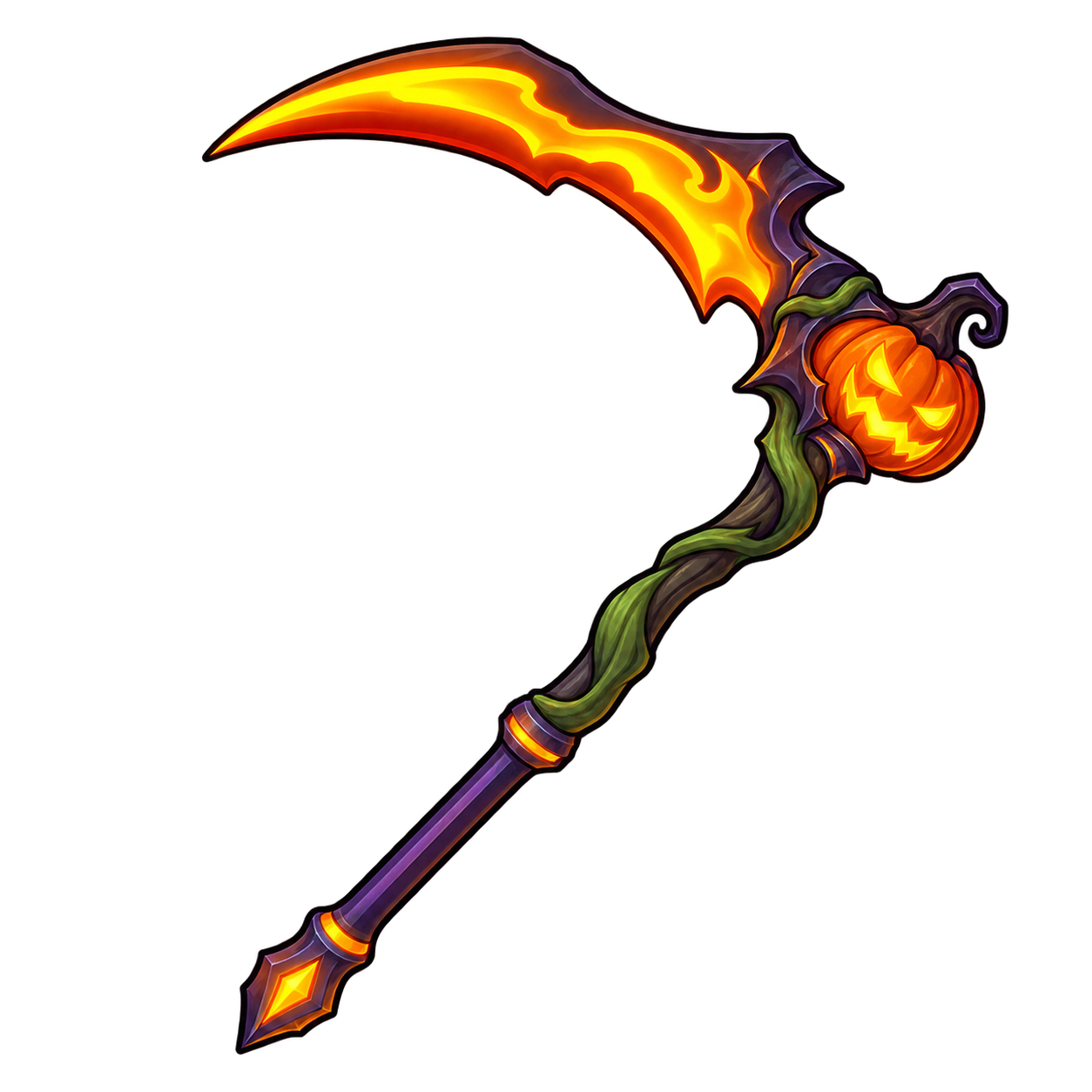 Pumpkin Scythe — curved orange blade on a long twisted handle